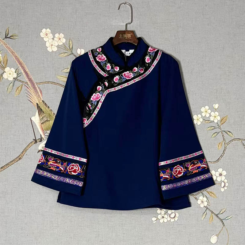 Thickened Traditional 3/4 Sleeve Blouse for Women (Tujia & Miao Ethnic Style)