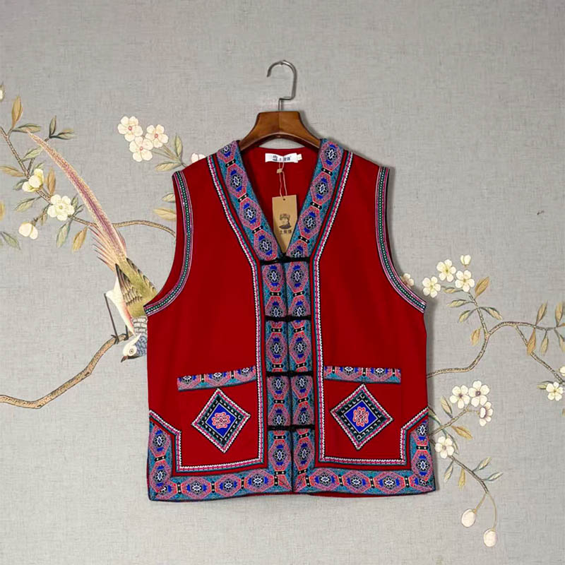 Unisex Ethnic Gilet with Featured Lace Trim (Tujia Style)