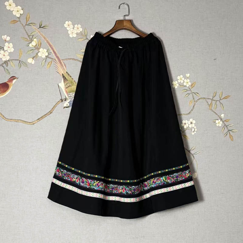 Thickened Ethnic Skirt with Lace Trim for Women (Miao & Tujia Style), 90cm in Length