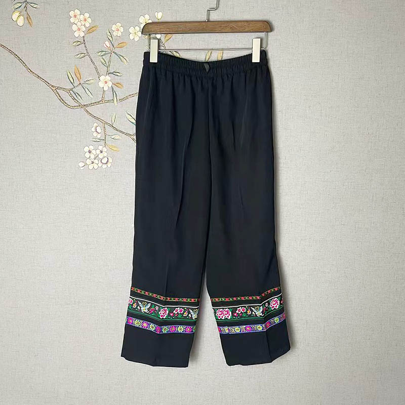 Thickened Straight-Leg Trousers with Ethnic Lace Trim for Women (Miao & Tujia Style)