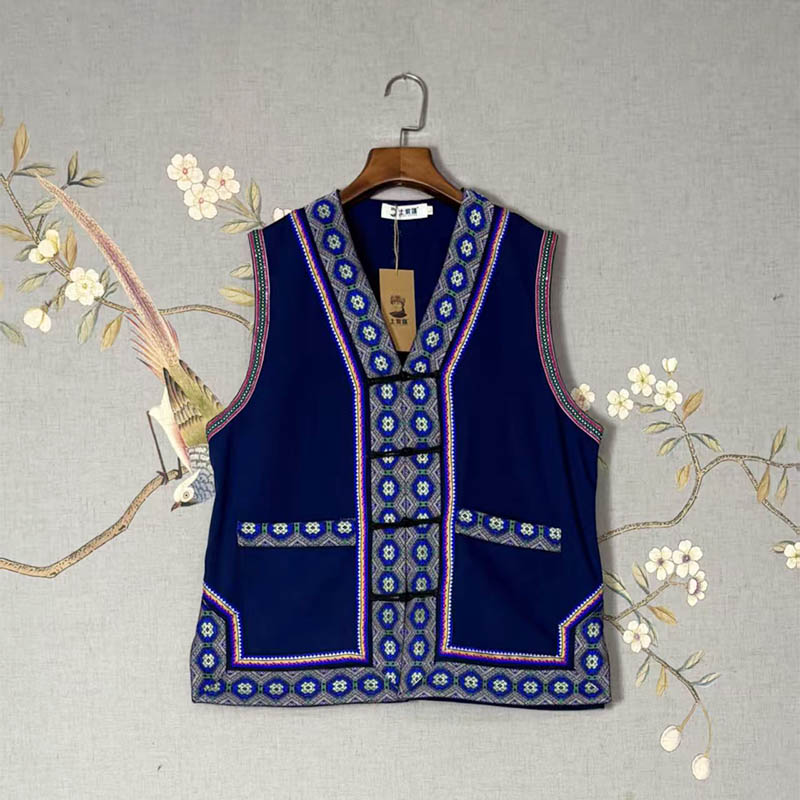Unisex Ethnic Gilet with Featured Lace Trim (Tujia Style)