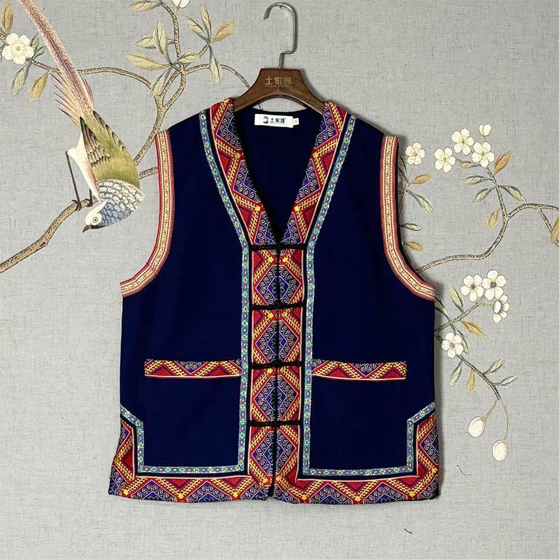 Unisex Ethnic Gilet with Featured Lace Trim (Tujia Style)