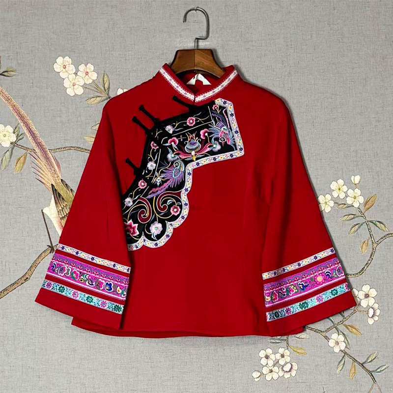 Thickened Traditional 3/4 Sleeve Blouse for Women (Tujia & Miao Ethnic Style)