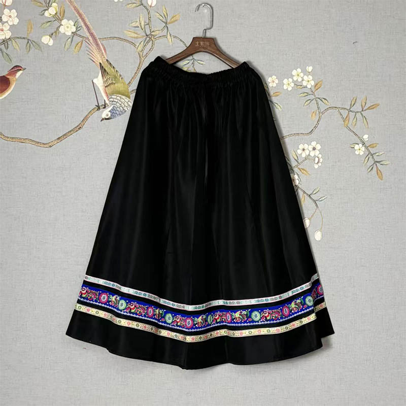 Thickened Ethnic Skirt with Lace Trim for Women (Miao & Tujia Style), 90cm in Length