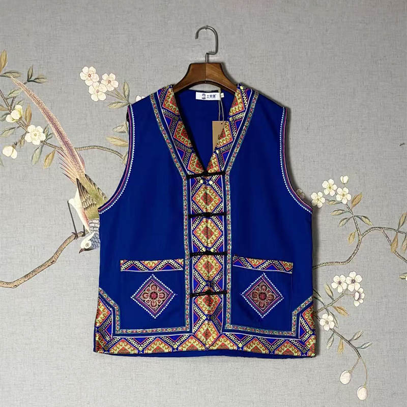 Unisex Ethnic Gilet with Featured Lace Trim (Tujia Style)
