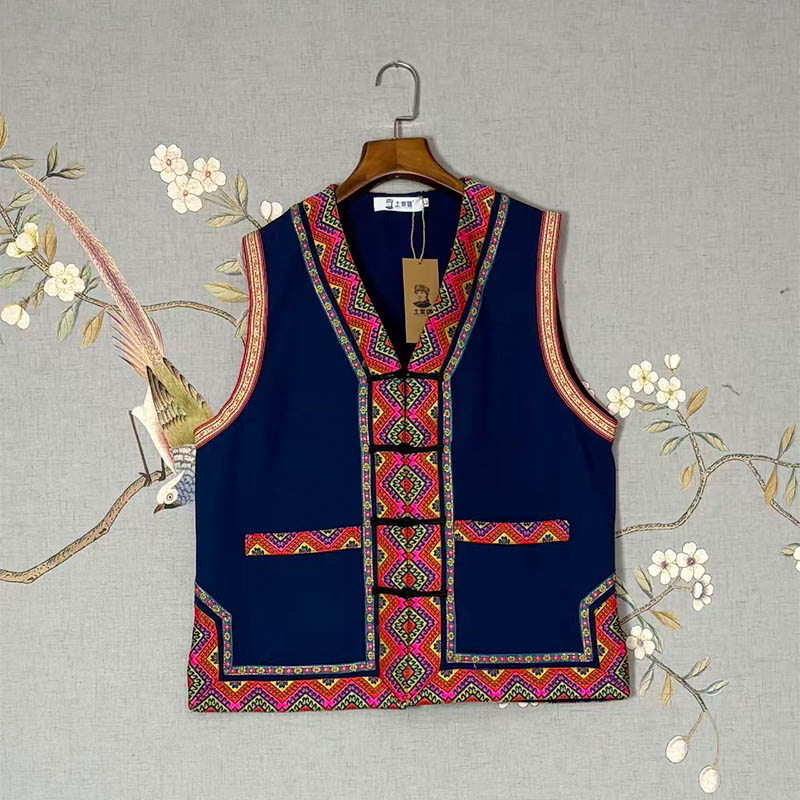 Unisex Ethnic Gilet with Featured Lace Trim (Tujia Style)