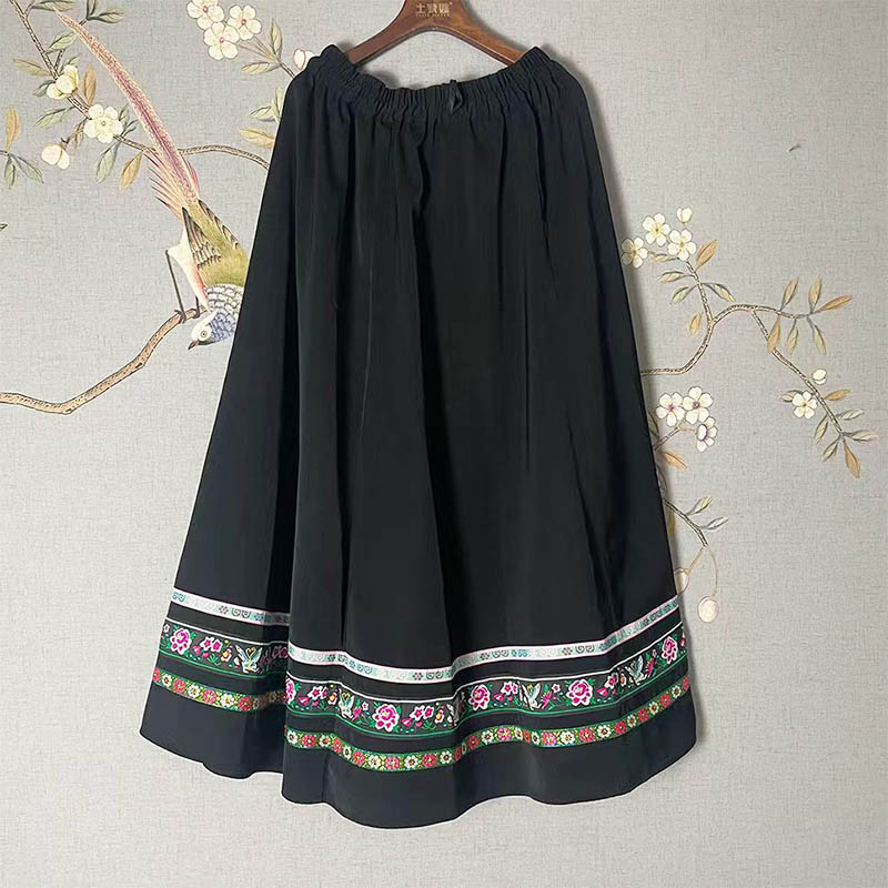 Thickened Ethnic Skirt with Lace Trim for Women (Miao & Tujia Style), 90cm in Length