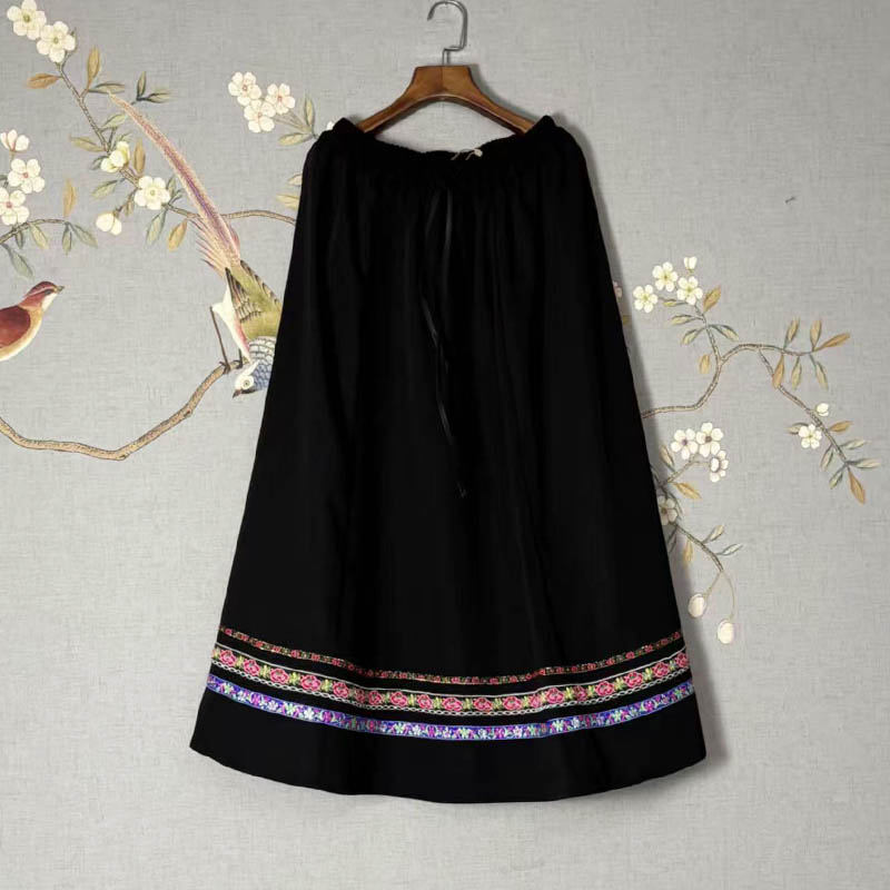Thickened Ethnic Skirt with Lace Trim for Women (Miao & Tujia Style), 90cm in Length
