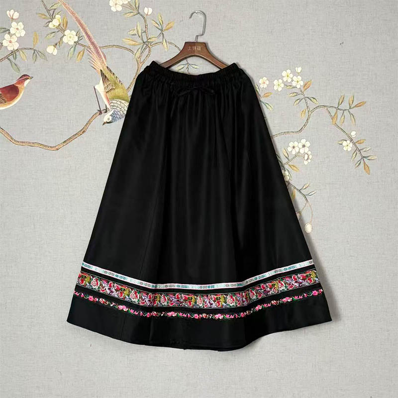 Thickened Ethnic Skirt with Lace Trim for Women (Miao & Tujia Style), 90cm in Length