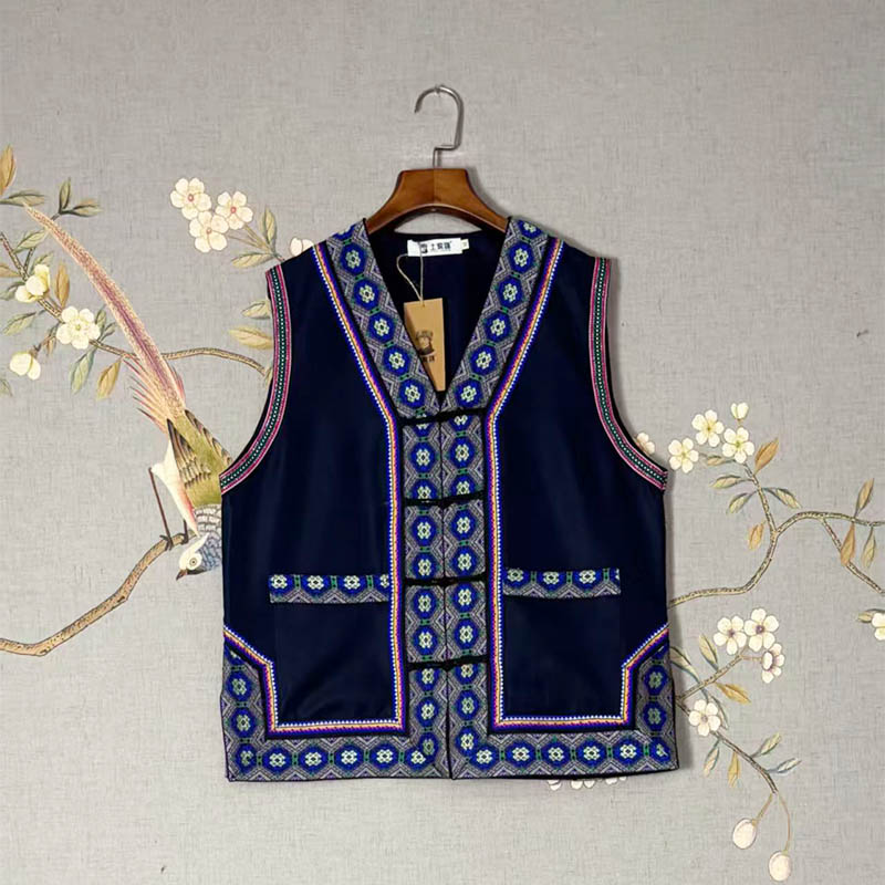 Unisex Ethnic Gilet with Featured Lace Trim (Tujia Style)