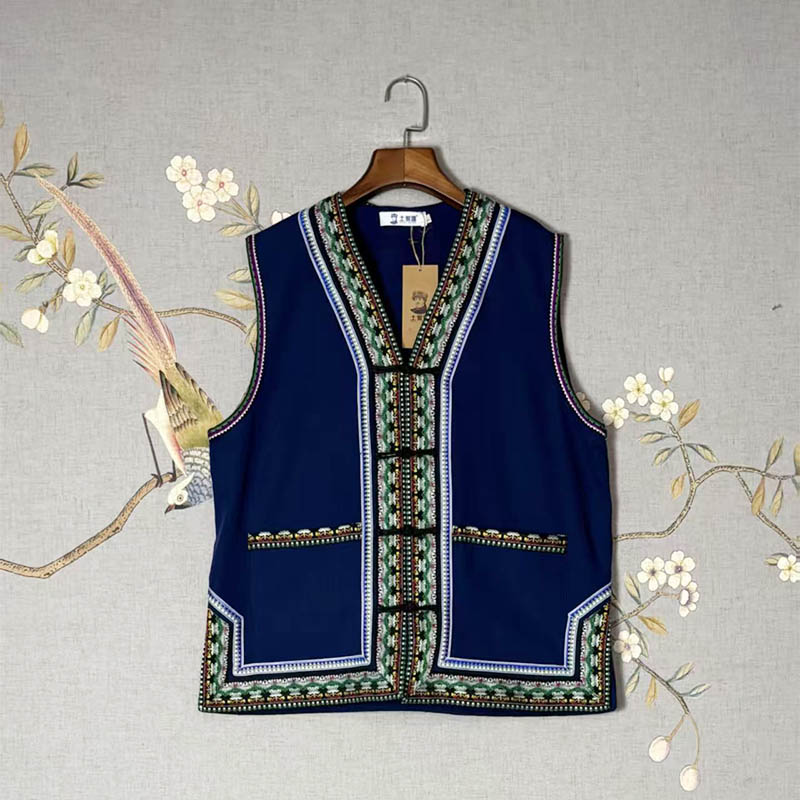 Unisex Ethnic Gilet with Featured Lace Trim (Tujia Style)