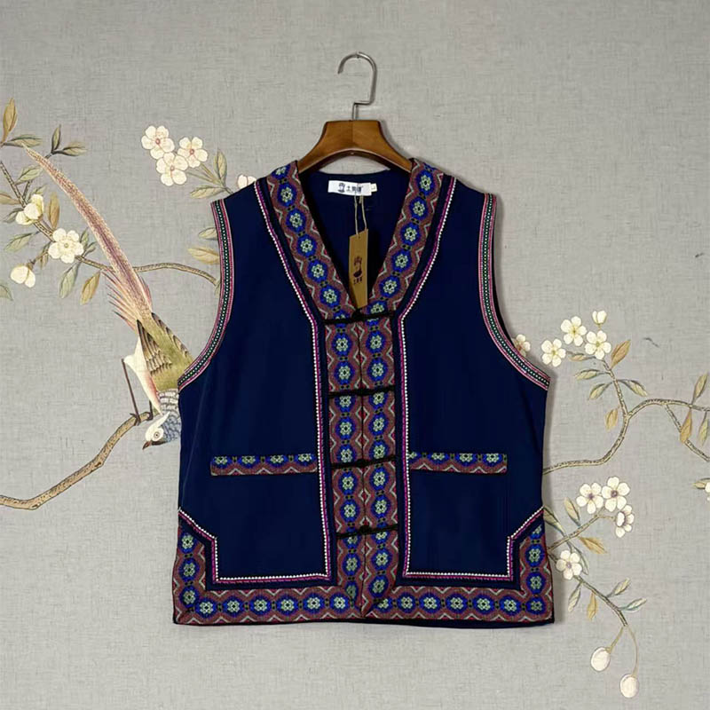 Unisex Ethnic Gilet with Featured Lace Trim (Tujia Style)