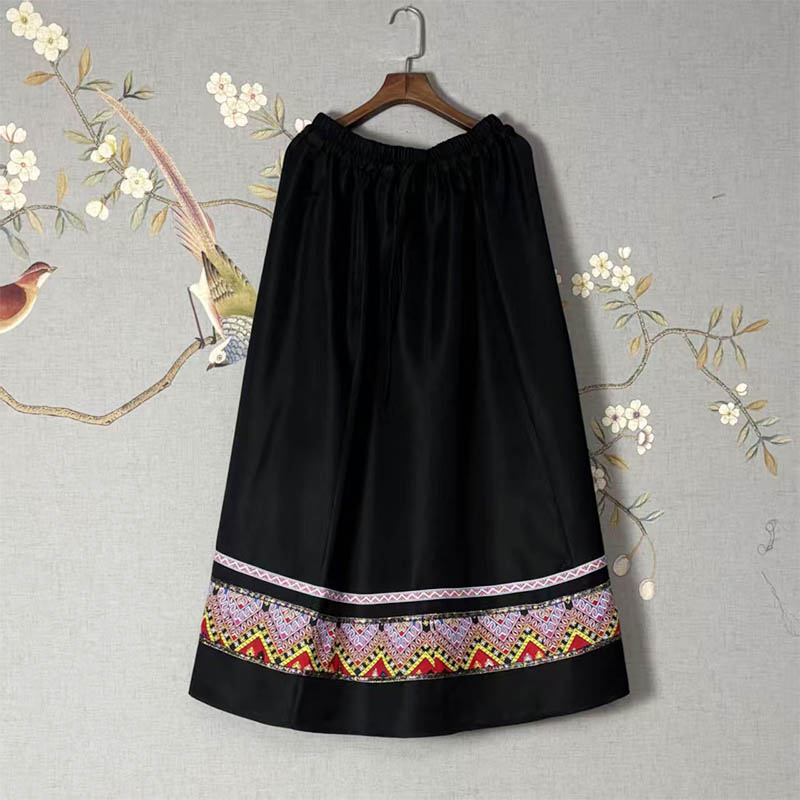 Thickened Ethnic Skirt with Lace Trim for Women (Miao & Tujia Style), 90cm in Length