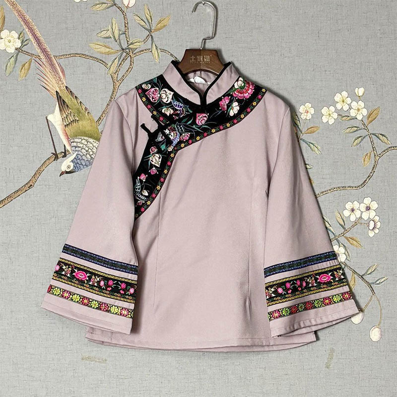 Thickened Traditional 3/4 Sleeve Blouse for Women (Tujia & Miao Ethnic Style)