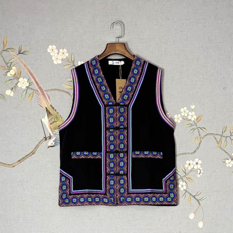 Unisex Ethnic Gilet with Featured Lace Trim (Tujia Style)