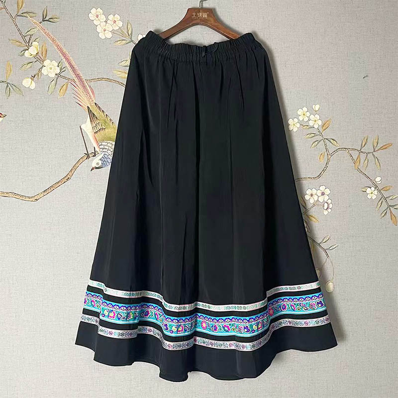Thickened Ethnic Skirt with Lace Trim for Women (Miao & Tujia Style), 90cm in Length