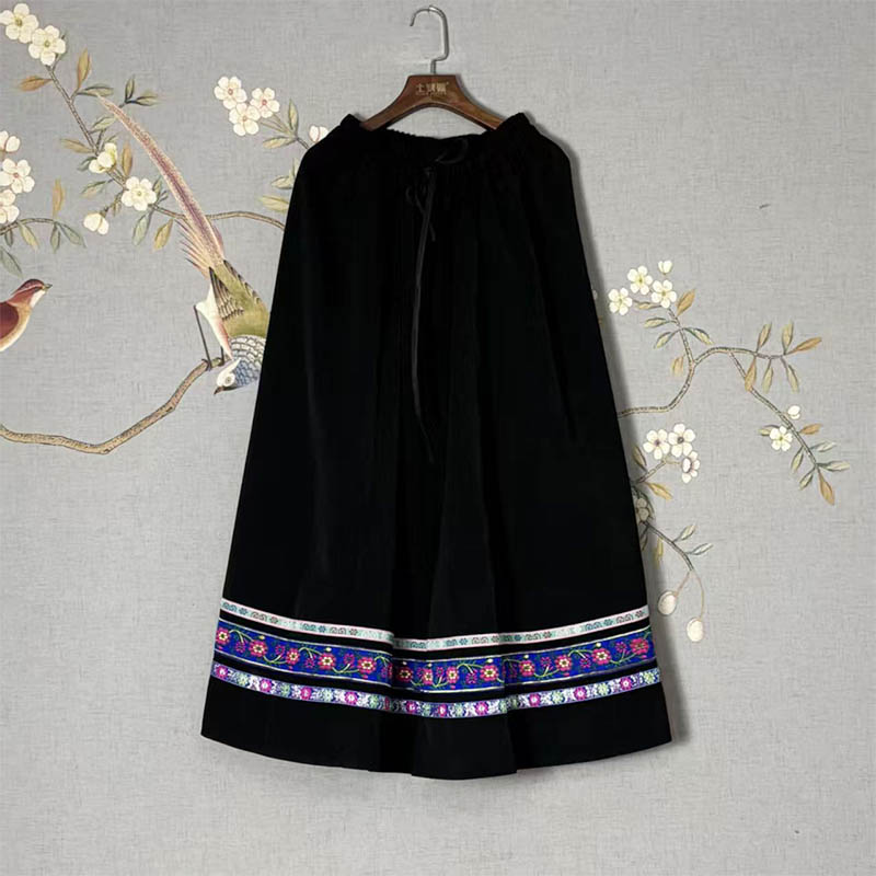 Thickened Ethnic Skirt with Lace Trim for Women (Miao & Tujia Style), 90cm in Length