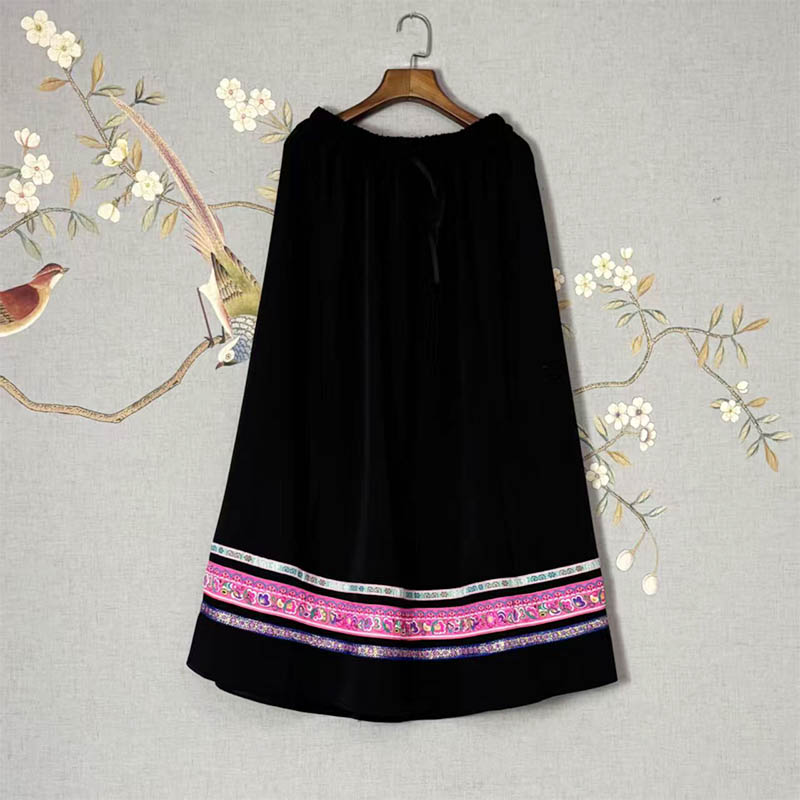 Thickened Ethnic Skirt with Lace Trim for Women (Miao & Tujia Style), 90cm in Length