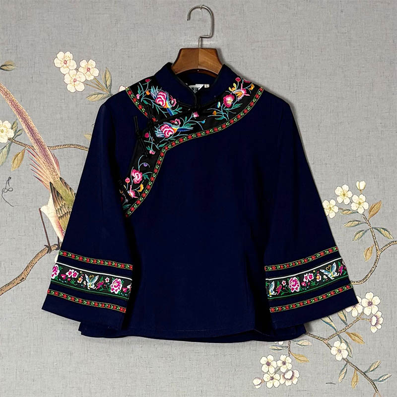 How does the padded three-quarter sleeve blouse weave a cultural poem onto the wearer using Tujia and Miao ethnic patterns?